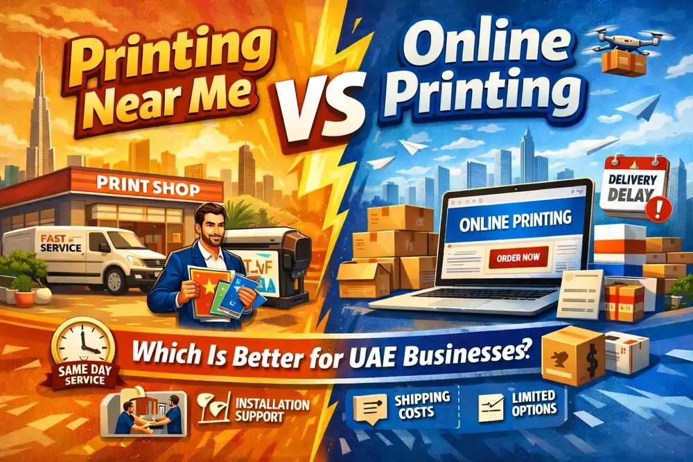 Printing near me vs online printing comparison for UAE businesses