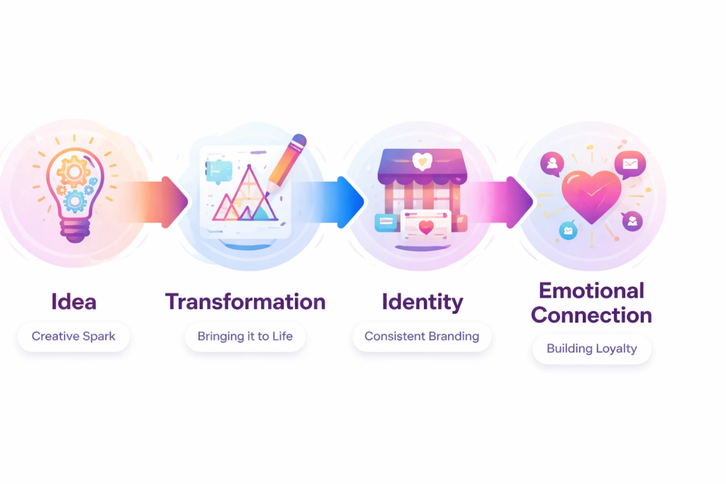 From Imagination to Identity: How Poieno Inspires the Branding Journey 1 Infographic showing Poieno layers: Idea → Transformation → Identity → Emotional Connection.