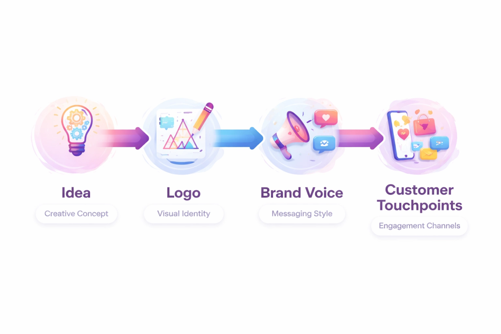 From Imagination to Identity: How Poieno Inspires the Branding Journey 2 Infographic showing Poieno layers: Idea → Transformation → Identity → Emotional Connection.