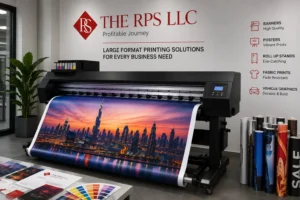 Large format printing machine producing banners, posters and commercial graphics at THE RPS LLC Dubai
