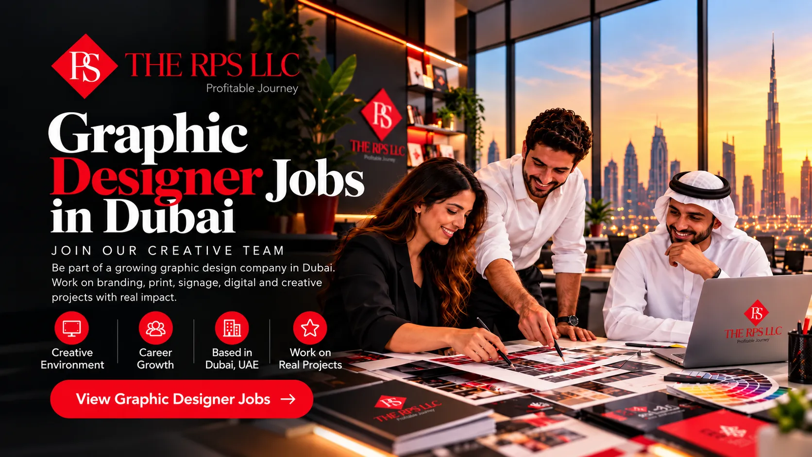 Graphic design team reviewing branding concepts in a Dubai creative studio